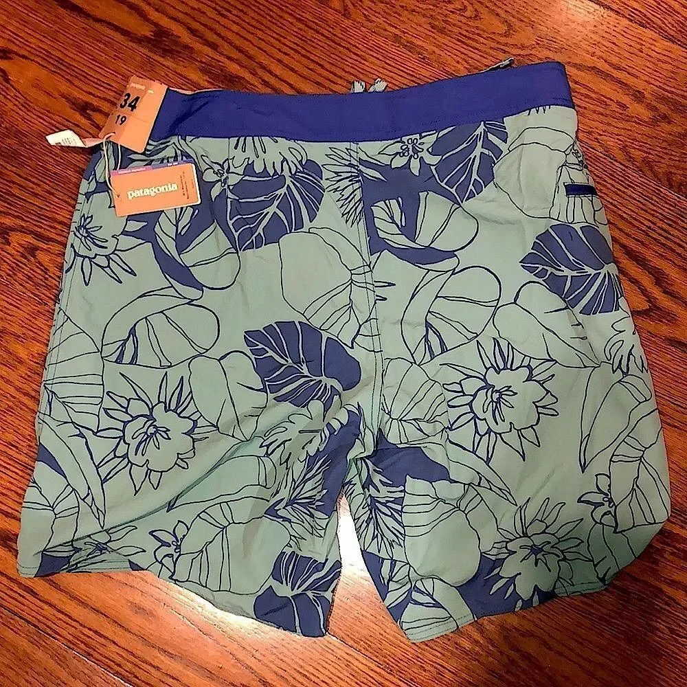 PATAGONIA Mens Work Wear Board Short Navy Turquoise Hawaiian Pattern Sz 34